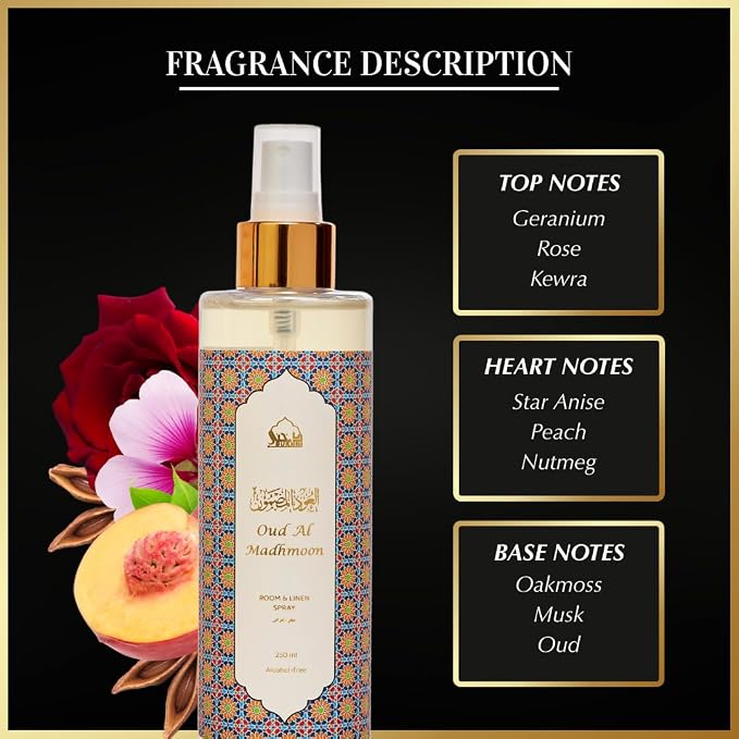 Oud Al Madhmoon Sweet Spray by Dukhni | 250ml Oud Fabric Spray for Home | Oakmoss & vetiver Linen Spray for Home, Prayer Mats, Bed, Sofa, Living Room, Curtain, Car | Room Freshener, Odour Eliminator