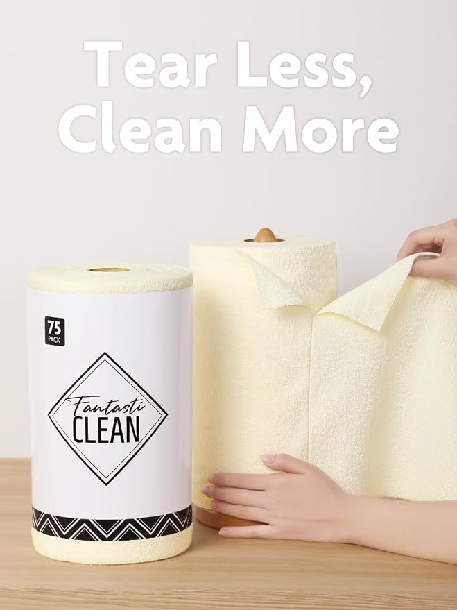 Fantasticlean Microfiber Cleaning Cloth Roll- 75 Sheets, 12" x 12" (Beige) | Super Absorbent, Lint-free, Tear-away Microfiber Towel Roll, for All-Purpose Cleaning, Reusable Alternative to Paper Towels