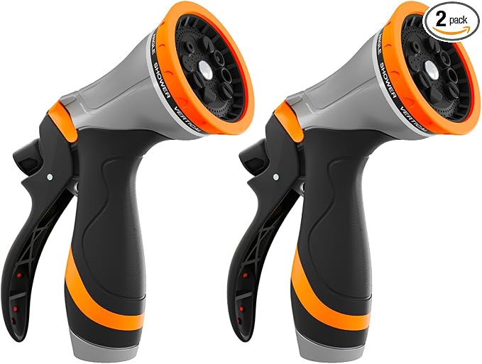 QUOBAS Metal Garden Hose Nozzle, Heavy Duty Water Hose Sprayer, Leak Proof | 10 Pattern Water Nozzle with Rubber Gasket, Garden Sprayer for Watering Plants, Washing Cars, Pet Shower, Orange, 2-Pack
