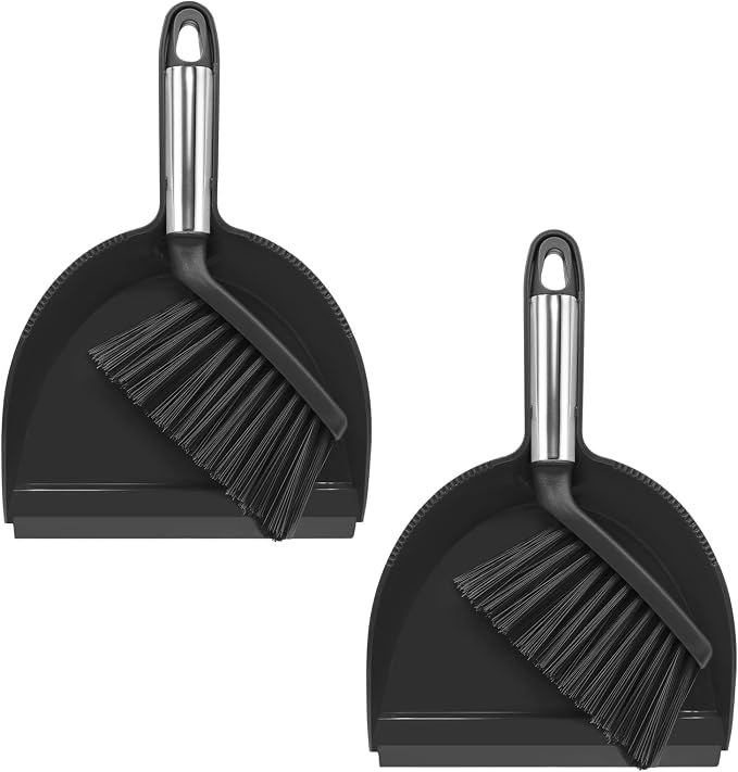 NACENA Mini Broom and Dustpan Set, 2 Packs, Black | Small Dust Pan and Brush Set with Handle Dustpan Teeth for Cleaning Hair Suitable for Desks Sofas Pet Care Outdoor Camping