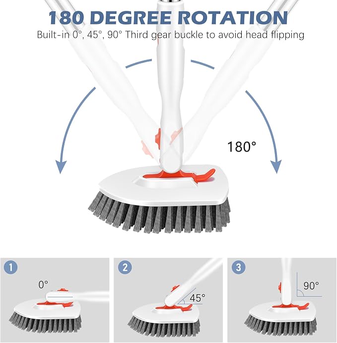 SetSail 4-in-1 Tile Tub Floor Scrubber with V-Shaped Grout Brush, Orange | with 3 Detachable Replacement Brush Head, Multi-Angle Cleaning Locks at 45°, 90°, 180° for Bathroom Kitchen Walls Tub Tile