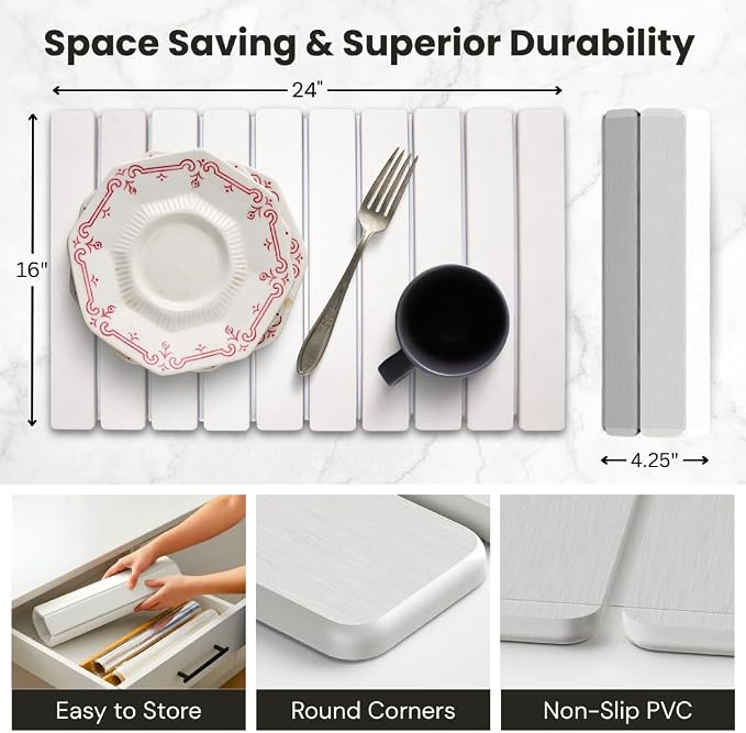 Stone Dish Drying Mat for Kitchen Counter, Large Quick Dry Diatomaceous Earth Stone Drying Mat, Foldable Water Absorbent Dish Drying Mat for Dishes, Cups, Bottles, Kitchen Sink & Countertop (White)