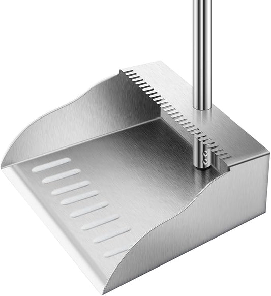 Dust Pans with Long Handle,Heavy Duty Metal Dust Pan with Dust Pan Teeth | Stand Up Dustpan with 3pcs Adjustable Handle,Stainless Steel Dust Pan with Teeth to Clean Hair for Home,Outdoor,Office,Garden