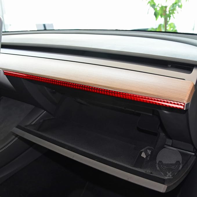 Red Real Carbon Fiber Trim for Tesla Accessories | for Model 3 2017-2022 / Model Y 2020-2024 Dashboard Co Pilot Decoration Strip Sticker Interior Thick Overlay Decal