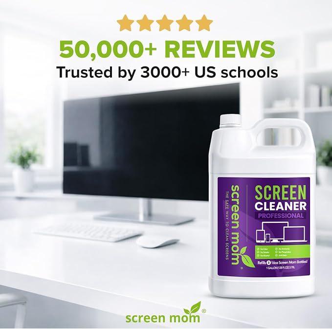 Screen Mom Screen Cleaner Spray 1-Gallon for TV, Car, Laptop and Computer | Streak-Free Formula, Glass & OLED Safe, Refill Dispensing Tap, Alcohol & Ammonia Free, Phones & Tablets Multi-Screen Cleaning