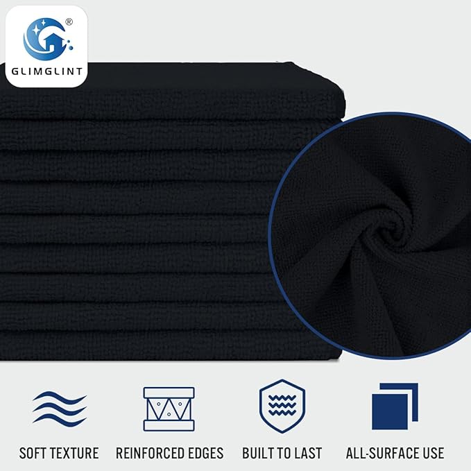GLIMGLINT Black Microfiber Cleaning Cloth,150PK Reusable Cleaning Rags,Highly Absorbent Shop Rags Bulk,All-Purpose Car Cleaning Towels for TV Screen, Kitchen, Bathroom, Restaurant, Garage, 14"X12"