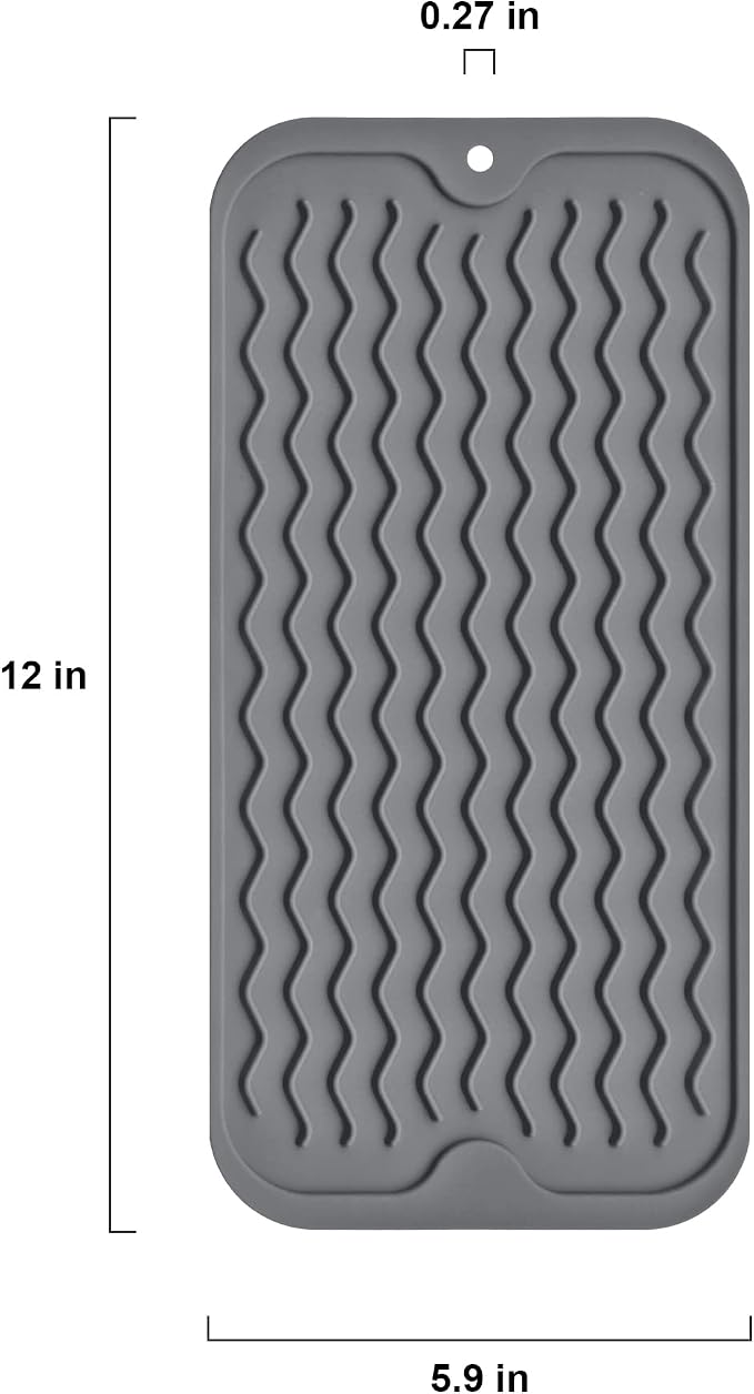 Silicone Dish Drying Mat, Non-Slip Easy Clean Sink Mat Large Heat-resistant Dish Drainer Mat for Kitchen Counter, Sink, Refrigerator or Drawer liner (12" x 6", GREY)