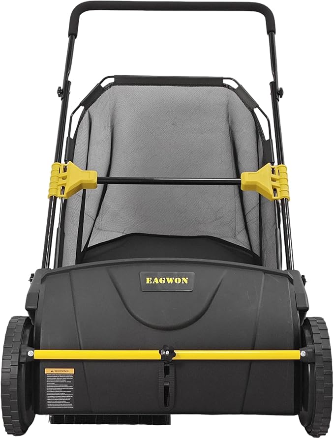 Push Lawn Sweeper, 21-Inch Width, 3.5 Cu. Ft. Hopper Capacity, 4 Spinning Brushes, Adjustable Height, Durable Steel Frame with Rubber Wheels, Yellow