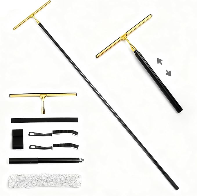 17“- 60" Extendable Long Handle 2-in-1 Window Squeegee Gold | 12.4" Wide Metal Shower Squeegee for Glass Doors, 2-in-1 Squeegee for Home Window Cleaning, Tile Wall, Car