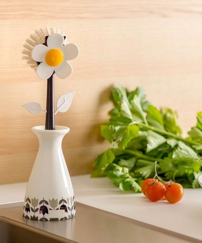Vigar Flower Power Dish Brush - Flower-Shaped, Dish Brush with Handle and Vase Holder, Scrub Brush for Dishes, Dishwashing Brush, Kitchen Scrub Brush, Pot Scrubber, Kitchen Essentials - White, Black