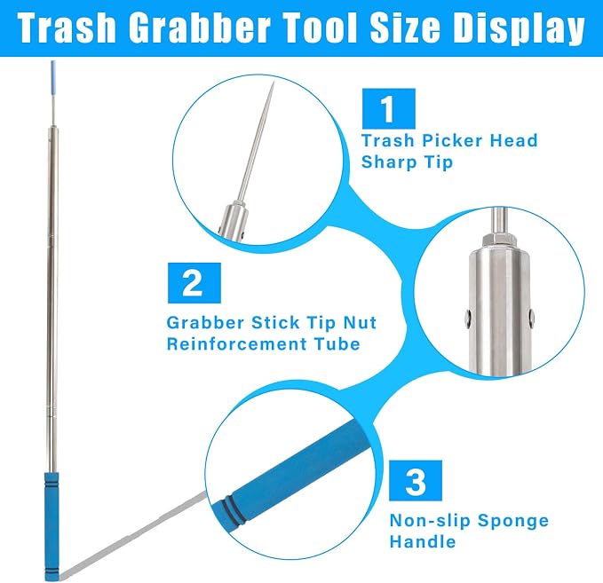 Trash Poker Stick,48Inch Trash Picker Upper Grabber High-Duty Stainless Steels Tip Lightweight & Reinforcement Garbage Debris Nabber Litter Picker Grabber Durability Reacher Yard Stick