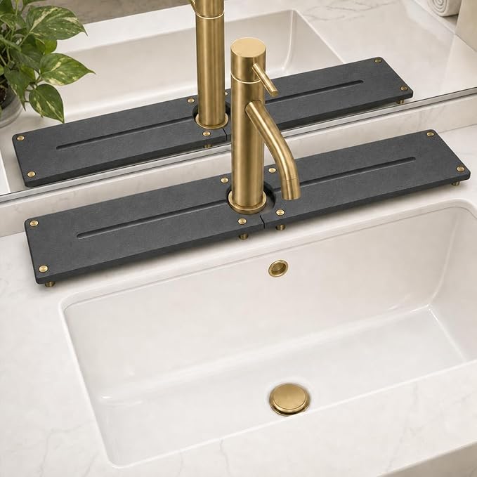 2PCS Stone Faucet Mat for Kitchen Sink, Water Absorbing Sink Tray Organizer for Bathroom Counter, Diatomite Soap Dish Coaster Caddy Riser, Sponge Holder Dispenser Mat, Dark Gray, 23.6" x 4", 1 Set