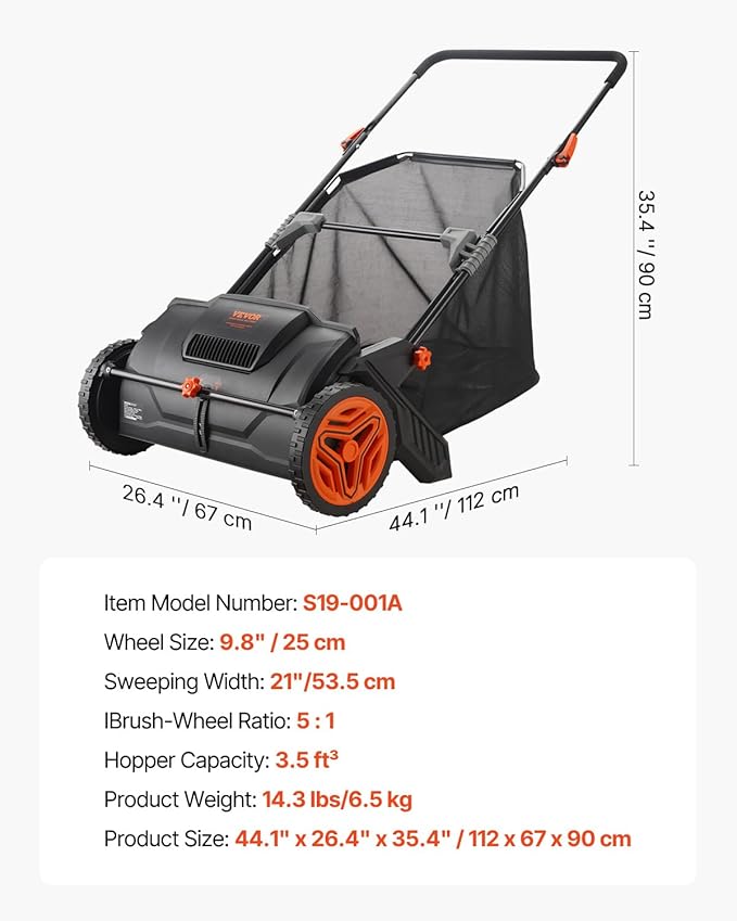 VEVOR Push Lawn Sweeper, 21inch Leaf & Grass Collector, Heavy Duty Thickened Steel Durable to Use with Large Capacity 3.5 cu. ft. Mesh Collection Hopper Bag, 2 Spinning Brushes | Adjustable Brush Height & 2 Spinning Brushes, Manual Yard Sweeper for Lea...