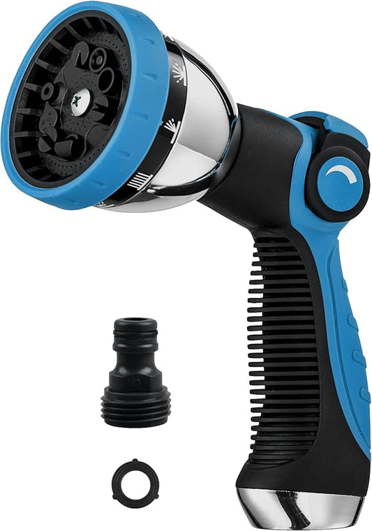 Garden Hose Nozzle Spray Nozzle,10 Hose Metal Duty Watering Patterns Thumb Control On Off Valve, High Pressure Nozzle Sprayer for Watering Plants, Car Wash,Cleaning,Showering Pets Blue