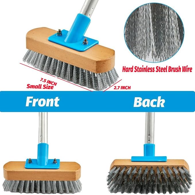 YONILL Stainless Steel Deck Scrub Brush with 60" Long Handle for Outdoor | Heavy Duty Floor Scrubber Brush, Moss Remover Wire Cleaning Brushes for Rough Surface, Concrete Floor, Patio, Garden, Garage