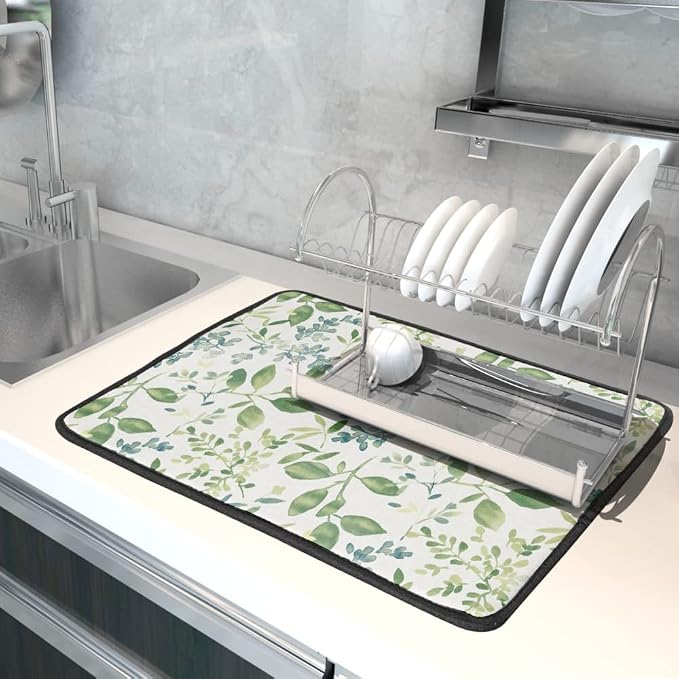 Green Leaves Branches Dish Drying Mat for Kitchen Counter 18x24 Inch Washable Microfiber Drying Mat Spring Floral Absorbent Drying Pad with Hanging Loop for Home Coffee Bar Decoration
