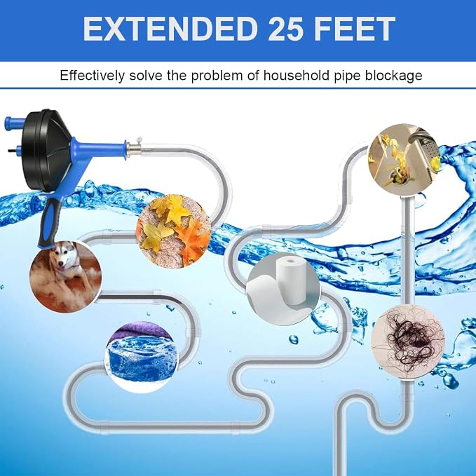 Drain Auger, Clog Remover with Drill Adapter, 25 Feet Flexible Plumbing Snake Use Manually or Powered for Kitchen, Bathroom and Shower Sink, Comes with Gloves (blue)