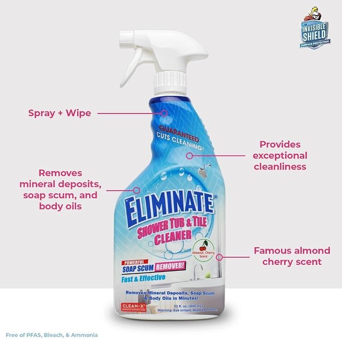 Clean-X Eliminate Shower Tub & Tile Cleaner- 32 fl oz. - Shower Cleaner. Powerful Cleaner removes soap scum and hard water minerals by UNELKO Invisible Shield (2 Pack)