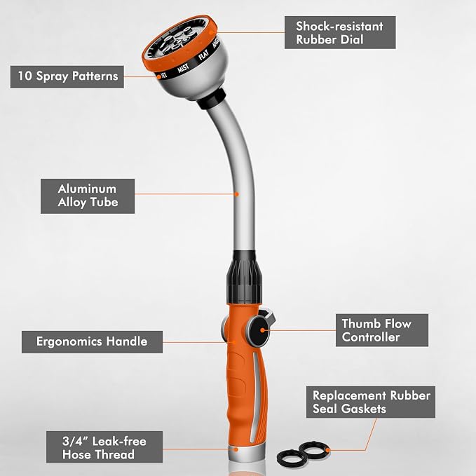 RESTMO Watering Wand Heavy Duty, 15-Inch Long Hose Nozzle Sprayer | 10 Spray Patterns & Thumb Flow Control, Metal Garden Hose Wand for Water Hanging Baskets and Shrubs, Orange