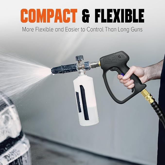 Short Pressure Washer Gun, 4000 PIS Power Washer Gun Car Washing | Stubby High Pressure Washer Gun, M22-14mm, 3/8" Male Plug, 1/4" Quick Connect, 5 Spray Nozzle, Car Wash Gun for Foam Cannon