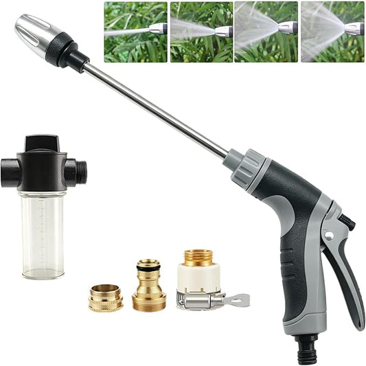 High Pressure Hose Nozzle with 4 Spray Modes, Adjustable Water Spray Gun, Metal Garden Hose Sprayer for Car Wash, Plant Watering, Patio & Outdoor Cleaning (Sprayer Kit with 3 Connectors & Foam Cannon)
