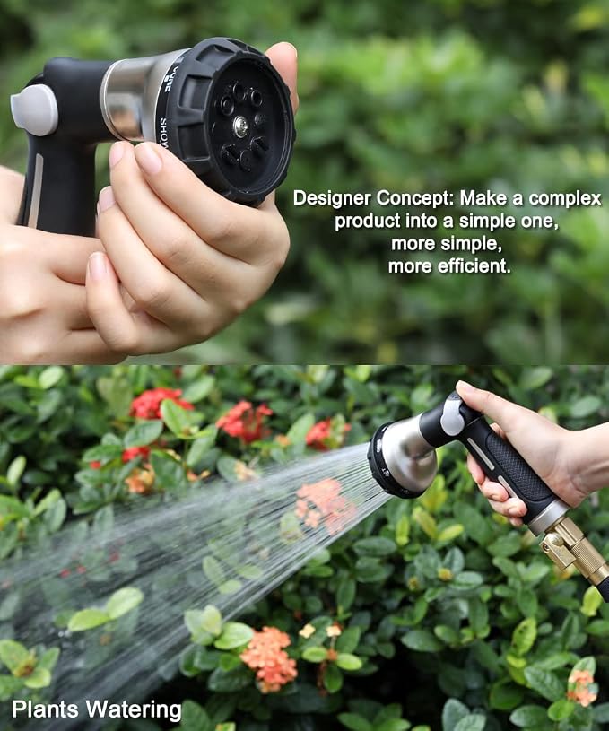 ESOW Garden Hose Nozzle Heavy Duty, 8 Patterns, Thumb On/Off Valve, Black | High pressure sprayer for watering plants, car wash, pet bath. Leak-proof, rustproof. Ergonomic comfort grip