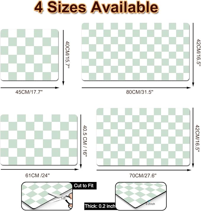 Dish Drying Mat for Kitchen, 16'' x 24'' Coffee Bar Mat for Countertops, Checkered Coffee Station Mats with Non-slip Rubber Backed, Absorbent Dish Dying Mat for Kitchen Counter, Green & White
