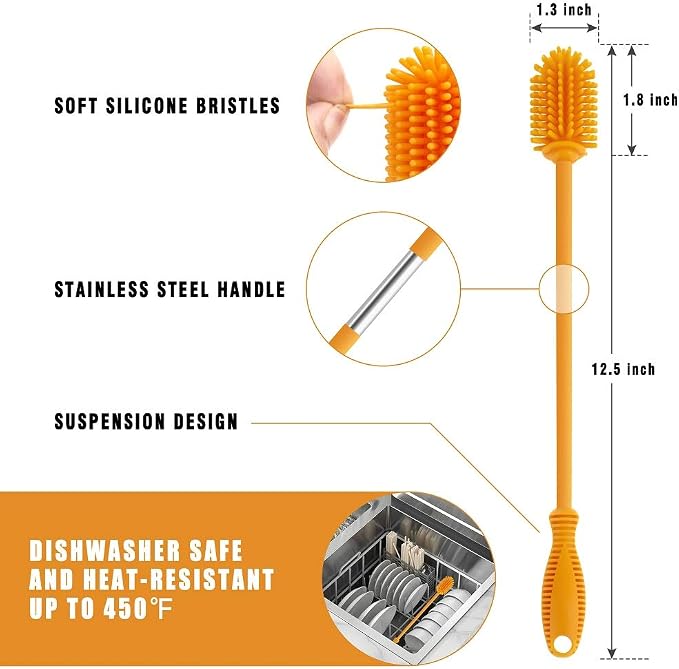 Silicone Bottle Cleaning Brush with Long Handle,12.5" Water Bottle Cleaner for Baby Bottles, Hydro Flask, Sports Bottle, Vase, Glassware, Perfect for Smaller Diameter Bottle Openings (One Pack)