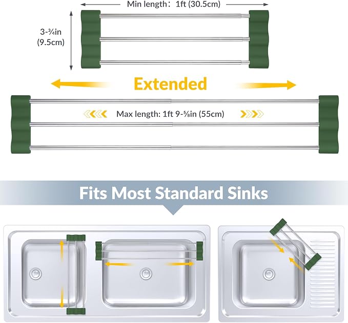 Tomorotec Adjustable Over-The-Sink Kitchen Rack for Dishcloths, Sponges, and Brushes - Heat-Resistant Stainless Steel with Slim, Expandable Design and Multifunctional Silicone Holder (Army Green)