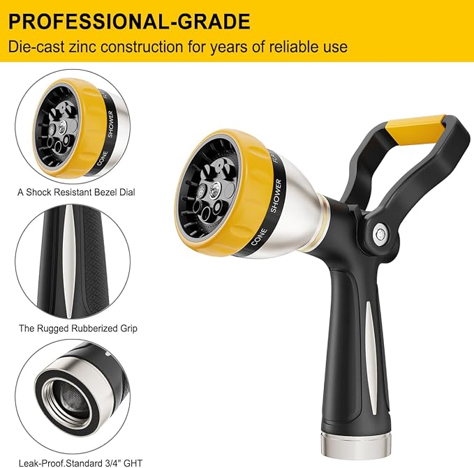 FANHAO Fireman Style Garden Hose Nozzle Heavy Duty Metal, 8 Spray Patterns | Large Lever Control, Non-Slip Ergonomic Grip, Rustproof Leakproof, High Pressure Water Hose Sprayer for Garden, Car & Pet