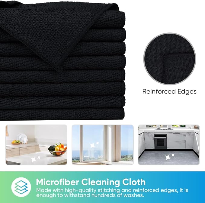 HOMEXCEL 24PK Microfiber Cleaning Cloth, Cleaning Rag for Home, 11.5x11.5in | Reusable, Lint Free, Scratch-Free and Highly Absorbent Towels for Kitchen, Window and Glass, Cars, Black