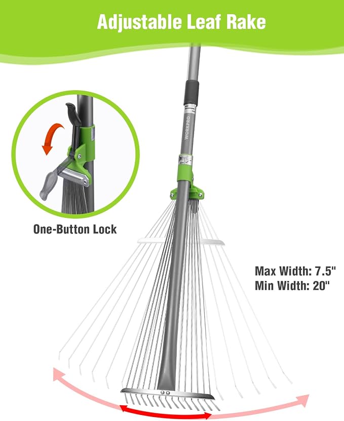 WORKPRO Adjustable Garden Leaf Rake, Heavy Duty Metal Lawn Rake with Extendable Handle 32"–63", Collapsible Rake Head 7.5"–20", Telescopic Yard Rake for Leaves, Grass, Pine Needles & Garden Cleanup
