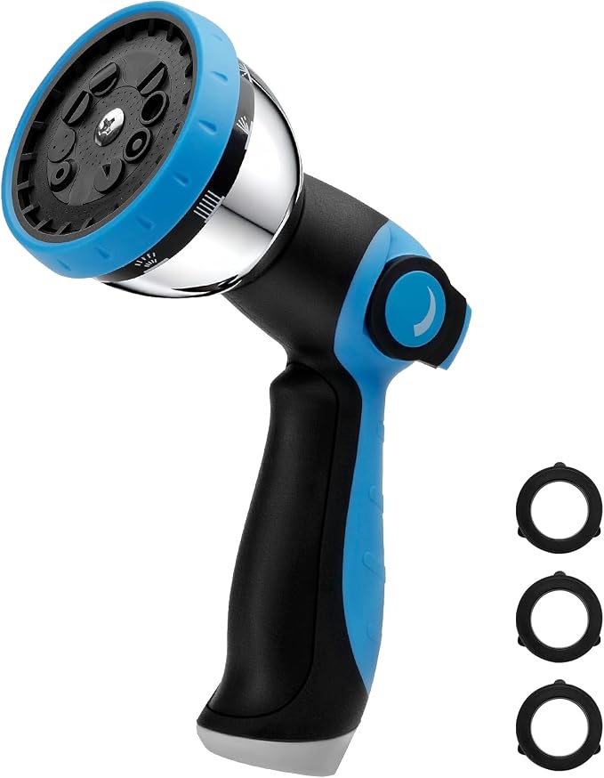 BIBURY Garden Hose Nozzle, Heavy Duty Zinc Alloy Water Hose Sprayer with 10 Patterns & Thumb Control, Leak-Proof High Pressure Hose Attachment for Watering Plants, Car Wash and Showering Pets (Blue)