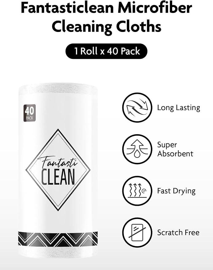 Fantasticlean Microfiber Cleaning Cloth Roll- 40 Sheets, 12" x 12" (White) | Super Absorbent, Lint-free, Tear-away Microfiber Towel Roll, for All-Purpose Cleaning, Reusable Alternative to Paper Towels