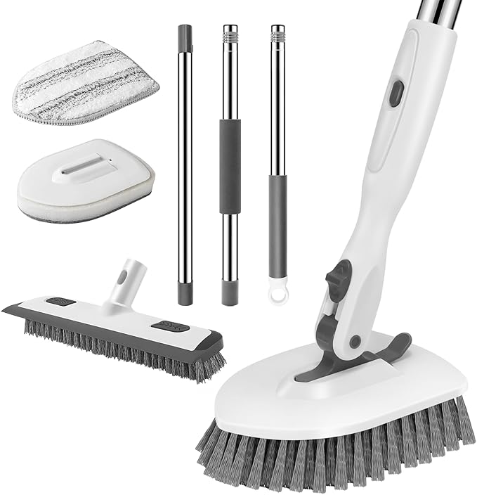 SetSail 4-in-1 Tile Tub Floor Scrubber with Floor Scrub Brush, White Grey | with 3 Detachable Replacement Brush Head, Multi-Angle Cleaning Locks at 45°, 90°, 180° for Bathroom Kitchen Walls Tub Tile