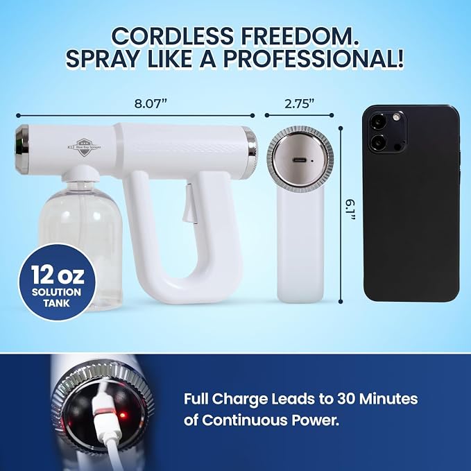 Professional Disinfectant Nano Spray Gun, Ultra Fine Atomizer Sprayer,White | Continuous Spray Bottle with Blue Light, Easy to Use Lightweight and Rechargeable Sanitizer Gun, Multipurpose Fogger Machine