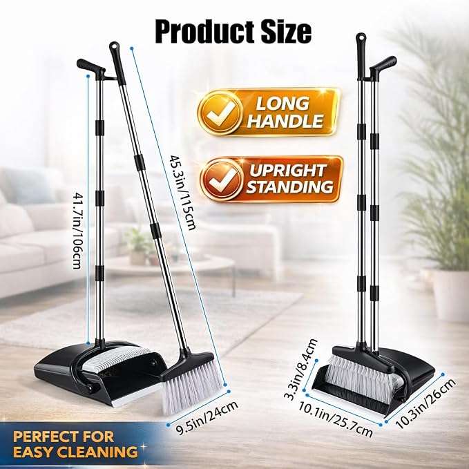 Broom and Dustpan Set with Long Handle and 6 Bonus Cleaning Tools, Upright Standing Combo with Self-Cleaning Teeth & Windproof Dustpan for Pet Hair, Home, Kitchen, Garage, Apartment