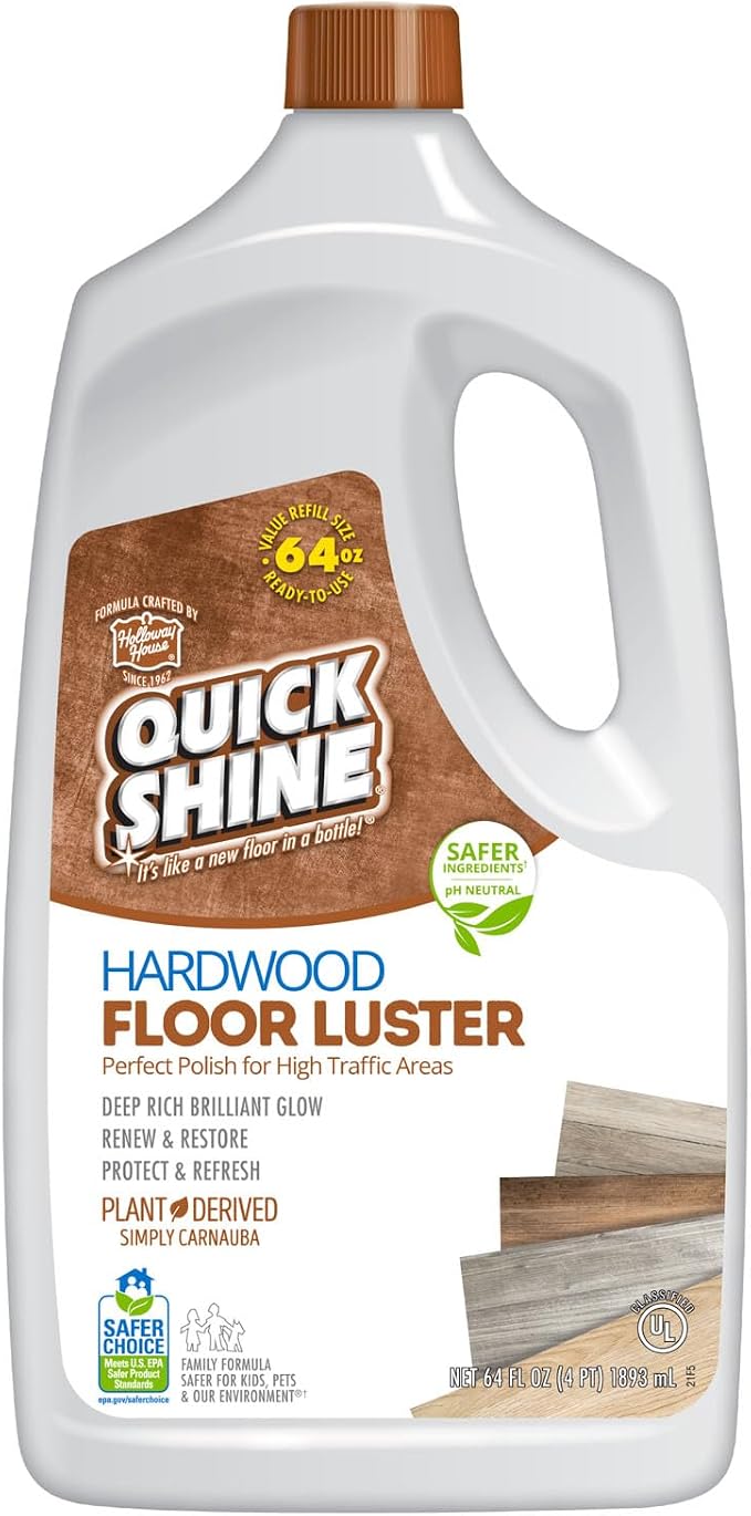 Quick Shine Hardwood Floor Luster 64 oz, Natural Looking Shine | Plant Derived Carnauba Polish, Renew & Protect, Streak & Haze Free, Non-slip, pH Neutral, No PFAS, EPA Safer Choice