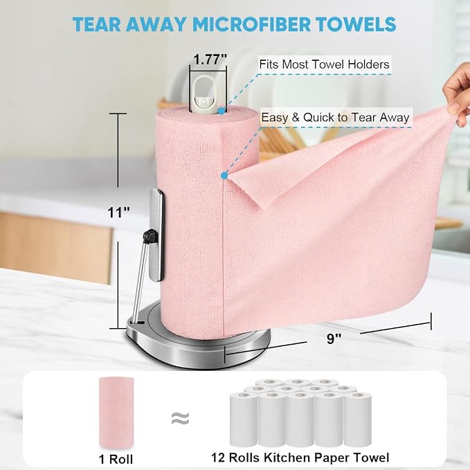 AIDEA Microfiber Cleaning Cloth Roll-55 Sheets, Pink Towels, 11×9" | Reusable Paper Towels, Microfiber Towels for Cars, Cleaning Rags for Automotive, House, Kitchen, Cleaning Supplies