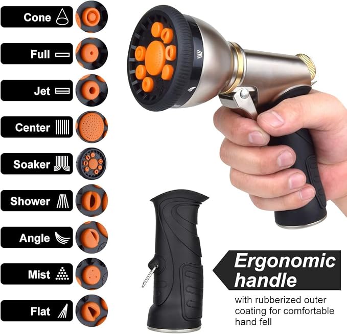 Garden Hose Nozzles,9 Spray Patterns Heavy Duty Metal Hose Sprayer Nozzle | Hose Nozzle Spray High Pressure Slip Resistant Water Sprayer for Plants & Lawns Watering,Car Washing and Pet Showering Gray
