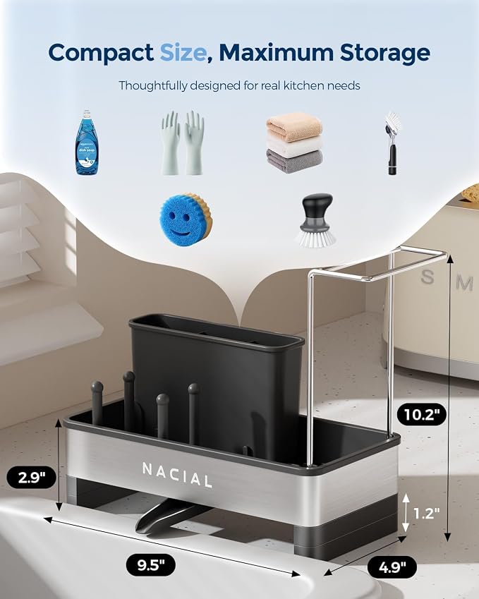 Nacial Kitchen Sink Caddy Organzier with High Brush Holder, Sponge Holder for Kitchen Sink with Two Towel Racks - Rustproof 304 Stainless Steel Kitchen Countertop Storage Essentials