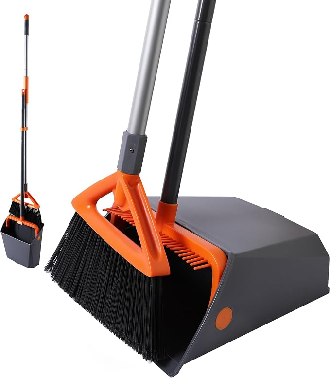 CLEANHOME Heavy Duty Outdoor Broom and Dustpan Set with Long Handle | Long Handle, Standing Dustpan & Split-End Bristles for Patio, Garage, Deck, Leaves Debris Cleaning