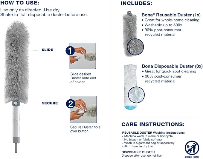 Bona High Performance Dusting System - 1 Compact Handle, 5 Disposable Dusters, & 1 Reusable Duster - Compact Dusting Kit Removes Dust & Pet Hair