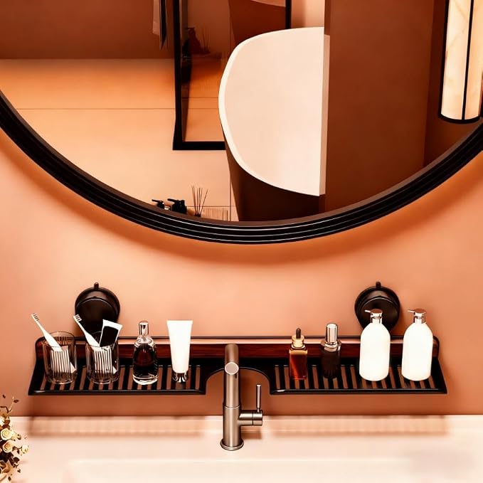 Bathroom Sink Shelf Over Faucet, No Drill Floating Shelf for Bathroom Sink, Under Sink Caddy Organizers for Toothbrush Soap(Black, 31 inch)