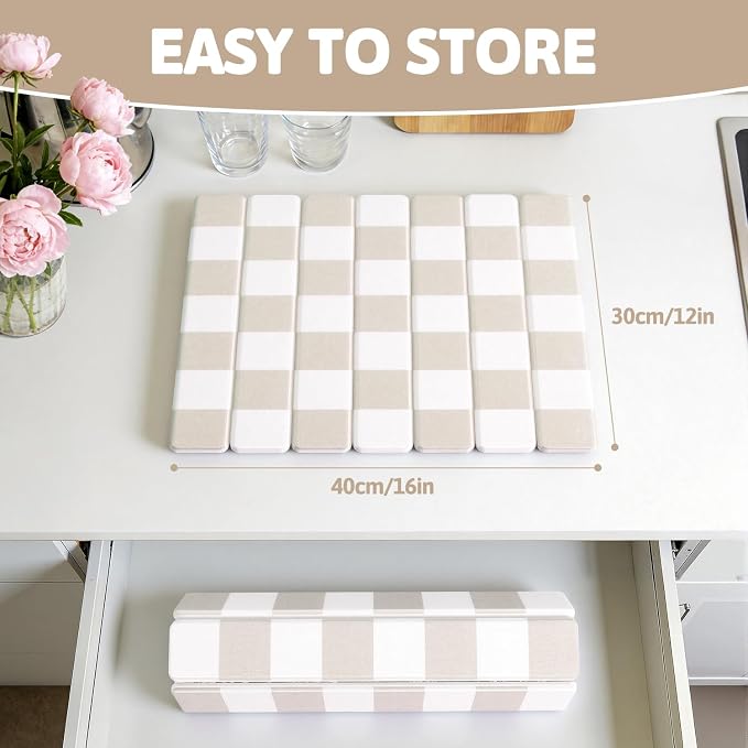 Yamaziot Stone Drying Mat for Kitchen Counter, 16"x12" Small Foldable Ultra Absorbent Stone Drying Mat, Quick-Dry Diatomaceous Earth Mat, Non-Slip Heat Resistant Mat for Dishes, Cups, Bottles, Beige