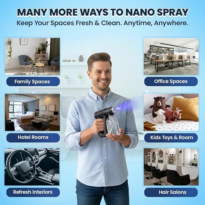 Professional Barber Disinfectant Spray Gun, Ultra Fine Mist Sprayer, Black | Continuous Spray Bottle with Blue Light, Easy to Use Lightweight and Rechargeable Sanitizer Gun, Multipurpose Fogger Machine