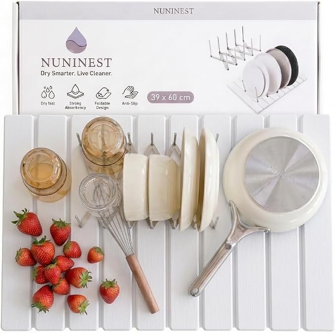 Diatomaceous Stone Dish Drying Mat with Collapsible Rack | Steel Rack, Quick Dry, Space Saving, Foldable Dryer, Kitchen Counter Set