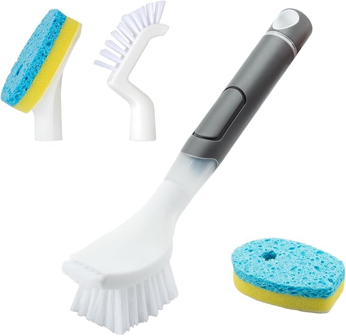 REEWII Dish Brush with soap Dispenser，4 PCS Replacement Brush Refills dishwashing Brush Set for Kitchen Utensils, Pans, Sinks, cookware