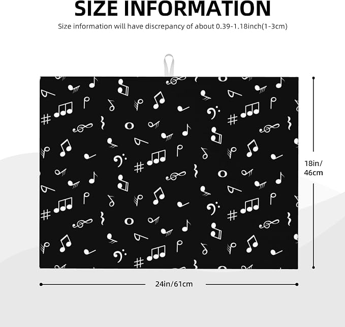 Music Notes Dish Drying Mat for Kitchen Counter Musicial Dish Drainer Rack Mats 16x18 Inches Absorbent Reversible Black Drying Pad