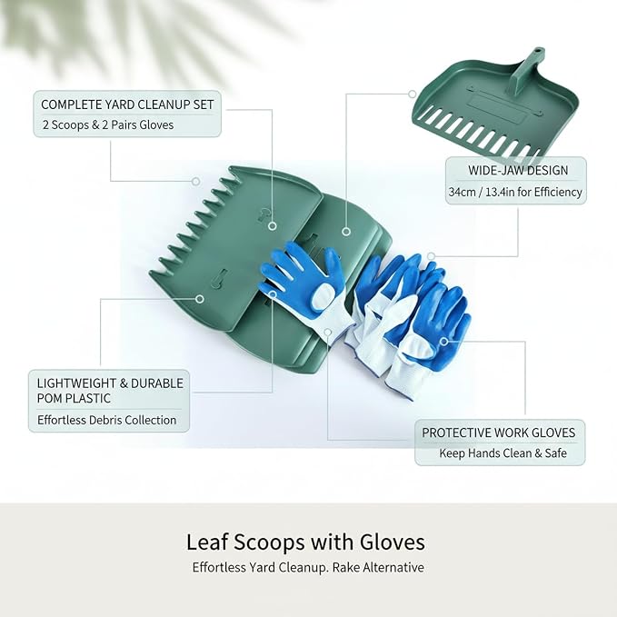 Leaf Scoops with Gloves, Wide Jaw Yard Cleanup Tool, Durable POM Plastic Rake Alternative for Lawn and Garden Debris